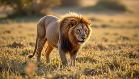 Majestic lion walking through golden grass in serene savannah during sunrise, capturing the beauty of the wild and the elegance of nature in its habitatの素材
