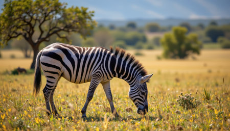 Majestic Zebra Grazing on Vibrant Green Grass with a Stunning Natural Landscape in the Background Under a Clear Blue Skyの素材