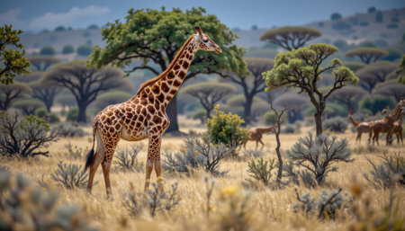 Majestic Giraffe Standing Gracefully in Serengeti Landscape Under Blue Sky Surrounded by Acacia Trees and Distant Herds in Natural Habitatの素材
