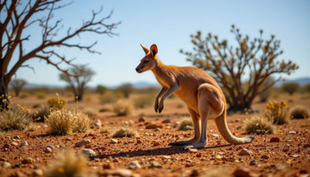 A Kangaroo in a Desert Landscape Under Clear Blue Sky Surrounded by Arid Plants and Dry Soil Capturing the Essence of Australias Unique Wildlifeの素材