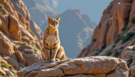 Majestic Cat Sitting on Rock with Stunning Mountain Landscape in Background Under Bright Blue Sky and Warm Sunlight, Nature Exploration and Wildlife Photographyの素材