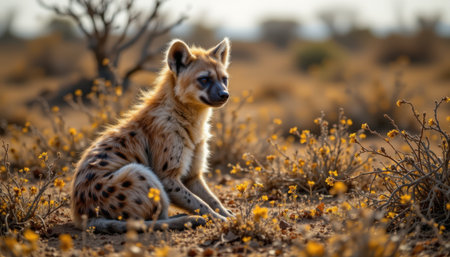 Captivating Hyena Sitting Gracefully Amidst Golden Flowers in a Serene Desert Landscape Under Soft Afternoon Lightの素材