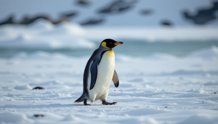 Emperor Penguin Walking on Snowy Ice in Arctic Environment with Blue Water in Background under Clear Sky and Soft Lighting in Ice Landscapeの素材
