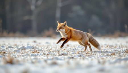 Swift and Graceful Red Fox Leaping Through Snowy Landscape in Winter Wonderland, Capturing Natures Beauty in Actionの素材