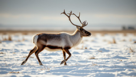 Majestic reindeer gracefully walking through a snowy landscape under a soft winter sky with gentle sunlight illuminating the winter sceneの素材