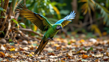 Bright Green Parrot in Mid-Flight Surrounded by Colorful Autumn Foliage in a Lush Jungle Environmentの素材