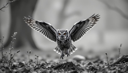 Captivating Flight of a Majestic Owl with Outstretched Wings in a Mystical Black and White Landscapeの素材