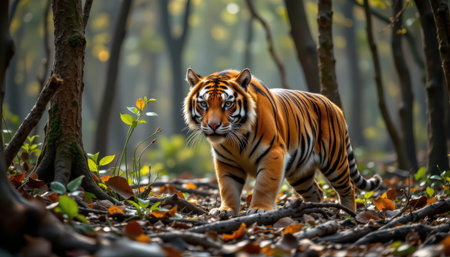 Majestic Tiger Walking Through Dense Forest with Colorful Leaves, Rays of Sunlight Filtering Through Trees, Capturing Wild Beauty of Natureの素材
