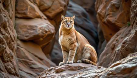 Majestic Desert Cat Sitting on a Rock Surrounded by Natural Rock Formations in a Serene Canyon Environment at Duskの素材