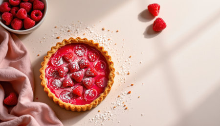 Fresh raspberry tart on beige background with scattered raspberries and a soft pink napkin in warm sunlight creating a cozy and inviting atmosphereの素材