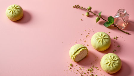 Delightful Yellow Macarons on Soft Pink Background with Floral Decoration and Flavorful Ingredients for Gourmet Pastry Loversの素材