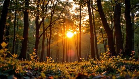 Serene Forest Landscape at Sunrise with Sun Rays Peeking Through Trees Illuminating Fresh Green Foliage and Vibrant Wildflowers on Groundの素材
