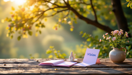Tranquil Outdoor Scene with Notes, Plant, and Flower Arrangement Illuminated by Soft Sunlight for Inspiration and Reflectionの素材