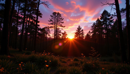 Breathtaking Sunset Over a Tranquil Forest Landscape with Vibrant Colors and Dramatic Sky Filled with Clouds and Silhouetted Pine Treesの素材