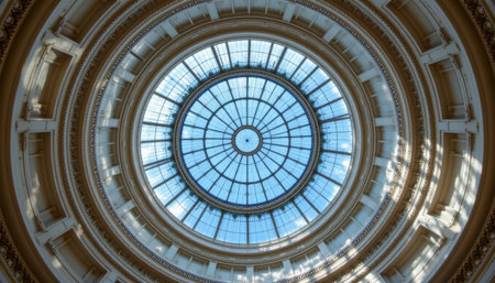 Beautiful Architectural Dome with Glass Skylight and Decorative Details Showcasing Natural Light and Elegant Design Elements in a Historic Buildingの素材