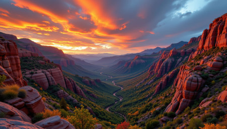 Majestic Sunset Over Stunning Canyon Landscape with Vibrant Orange and Purple Skies, River Flowing Through Serene Valley, Textured Rock Formationsの素材