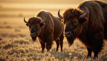 Majestic Bison Grazing in Golden Prairie During Sunrise, Capturing Nature's Beauty and Tranquility in the Heart of the Wildlife Habitatの素材
