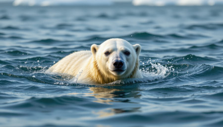 Polar bear swimming in icy blue water with shimmering waves and a serene background showcasing the beauty of Arctic wildlifeの素材