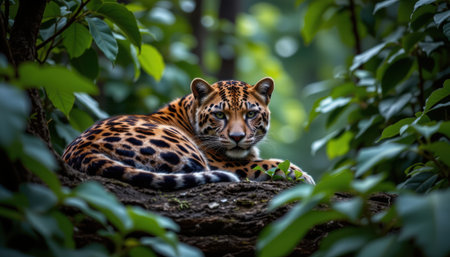 Majestic jaguar resting gracefully on a tree branch surrounded by vibrant green foliage in a lush tropical rainforest environment.の素材