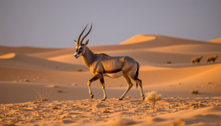 Majestic Antelope Gracefully Walking Through a Serene Desert Landscape at Sunset, Symbolizing Beauty and Adaptation in Harsh Environmentsの素材
