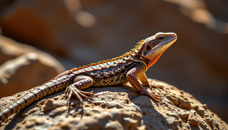 Colorful lizard basking on a rock in natural habitat under sunlight with detailed scales and unique patterns in a serene landscape settingの素材
