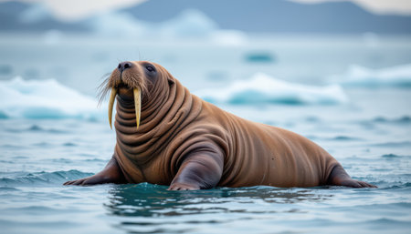 Majestic walrus swimming in icy waters, showcasing unique tusks and blubbery body against a backdrop of floating ice and serene landscapesの素材
