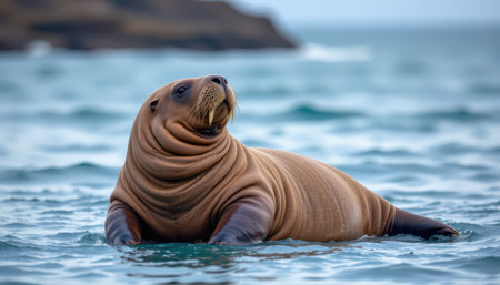 Majestic Seal Swimming Gracefully in Calm Waters with Soft Ripples Reflecting a Peaceful Seascape Under a Clear Skyの素材