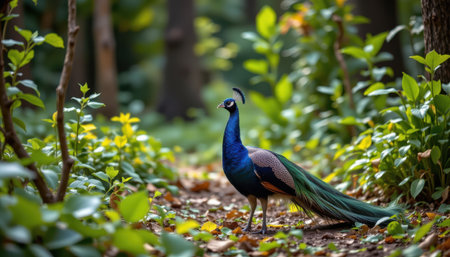 Elegant Peacock in a Lush Forest Path Surrounded by Vibrant Greenery and Sunlit Leaves Creating a Peaceful Natural Atmosphereの素材
