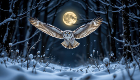 Majestic Owl in Mid-Flight Over a Snowy Landscape Under the Full Moon with Dark Forest Background at Nightの素材