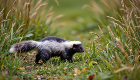 Striped Skunk Walking Through Tall Grass in a Natural Environment During a Sunny Day Captured in Stunning Detail and Vibrant Colorsの素材