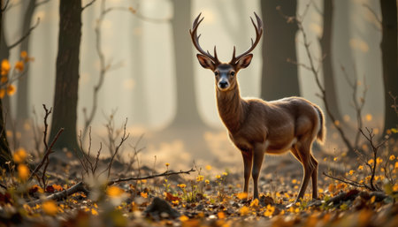 Majestic stag standing calmly in sunlit forest surrounded by colorful autumn foliage with soft mist creating an enchanting serene atmosphereの素材