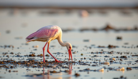 Elegant white bird with pink wings foraging in shallow water at sunset, creating a serene scene with reflections and soft colors on the water surfaceの素材