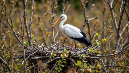 White stork standing on a large nest amidst spring foliage, showcasing natural habitat and wildlife behavior in a serene rural environmentの素材