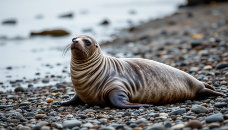 Curious Seal Resting on Rocky Shoreline Near Calm Water with Gentle Waves and Soft Natural Light Illuminating Its Unique Textureの素材