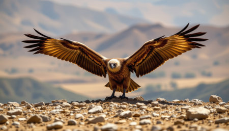 Majestic Bird of Prey with Outstretched Wings Captured in Natural Habitat, Gliding Over Rocky Landscape Under Bright Blue Skyの素材