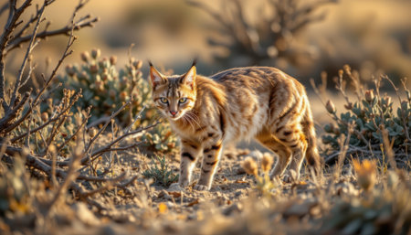 Focused Wild Cat in Desert Landscape Surrounded by Brush, Showcasing Unique Fur Patterns and Intense Expression in Natural Habitatの素材