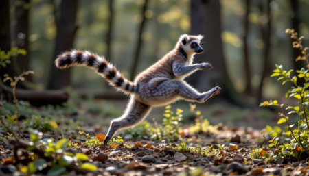 Playful Lemur Leaping Through Sunlit Forest Clearing in Autumn, Capturing Nature's Beauty and Wildlife Dynamism in a Vibrant Settingの素材