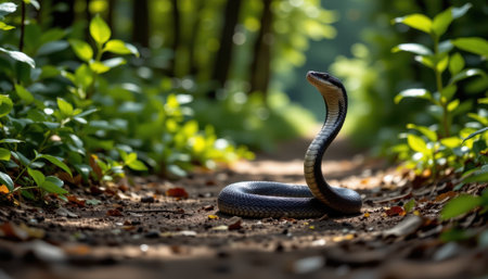 A solitary snake in a serene forest path surrounded by lush greenery, showcasing nature's beauty and wildlife in a tranquil setting on a sunny dayの素材