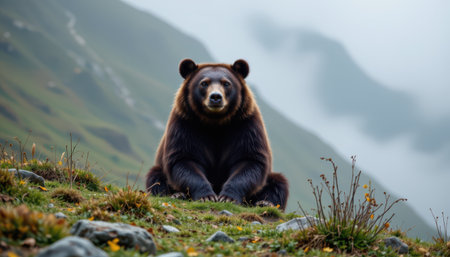 Majestic brown bear sitting on green hills with blurred mountains and misty sky in the background, showcasing nature's wilderness and wildlife beautyの素材