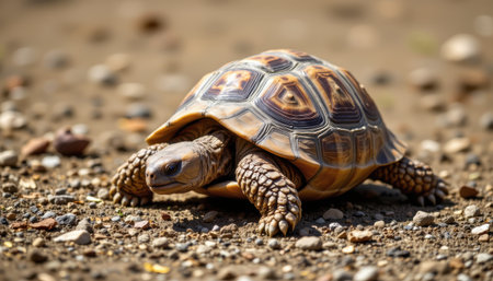 Close-Up View of a Tortoise Crawling on Rocky Ground in a Natural Habitat Under Bright Sunlightの素材
