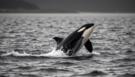 Majestic Orca Whale Breaching Above Water Surface in Natural Ocean Habitat Captured in Stunning Detail and Graceful Movement of Marine Lifeの素材
