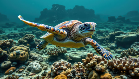 Majestic sea turtle gracefully gliding through vibrant coral reef surrounded by colorful marine life in crystal clear ocean waterの素材
