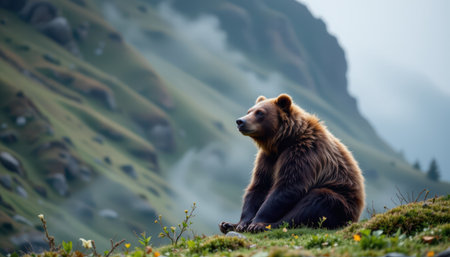 Majestic Bear Sitting on Green Hill Against Mountain Backdrop with Soft Mist and Beautiful Nature Surroundings in Morning Lightの素材