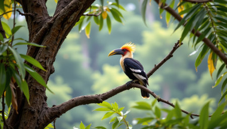 Majestic Hornbill Bird Perched on a Branch Surrounded by Vibrant Green Leaves in a Serene Nature Sceneの素材