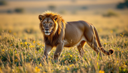 Majestic lion walking through vibrant yellow flowers in the wild during a serene golden hour, showcasing its powerful presence in natural habitat.の素材