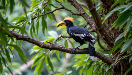 Majestic Hornbill Perched on Branch Surrounded by Lush Green Foliage Capturing Nature's Beauty and Avian Diversity in a Tropical Forest Settingの素材