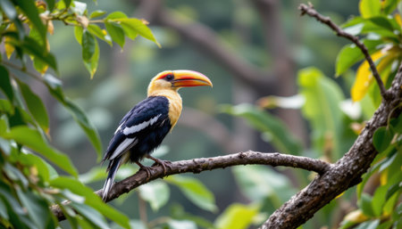 Majestic bird with vibrant beak perched on a branch surrounded by lush foliage in a serene natural habitat during daylight hours in a tropical environmentの素材