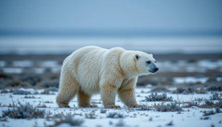 Majestic Polar Bear Walking on Snow-Covered Landscape in Arctic Environment During Cold Winter Morning Light, Capturing Nature's Frozen Beautyの素材