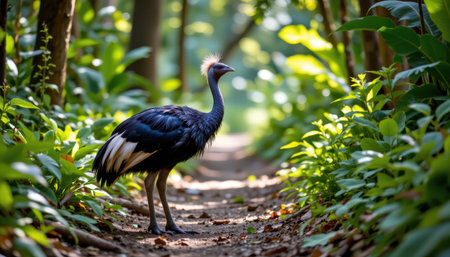 Majestic Bird Standing on Green Pathway Surrounded by Lush Foliage and Sunlight in Enchanting Forest Setting Capturing Nature's Beauty and Serenityの素材