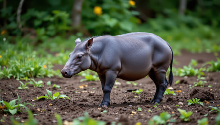 Close-Up of a Tapir Grazing in a Lush Green Environment with Rich Soil and Vibrant Foliage, Capturing Nature's Beauty in a Serene Settingの素材